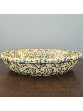 Robinson-Ransbottom Spongeware Blue 9" Pie Baking Plate, Vintage USA Pottery